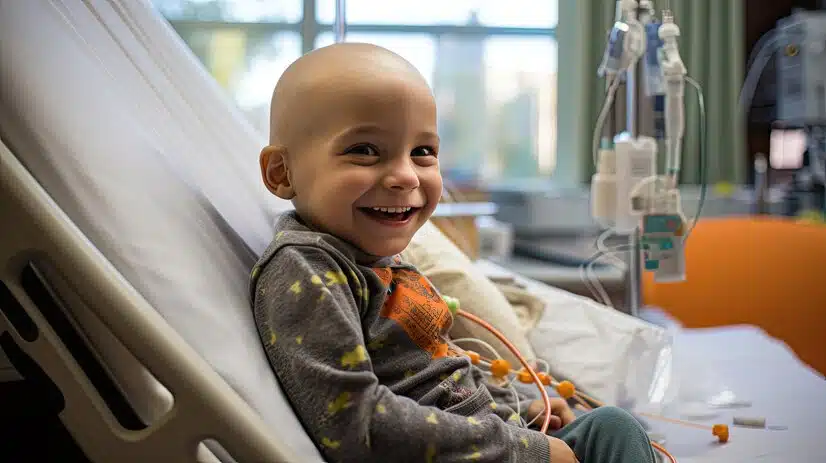 Garoto com câncer careca deitado em uma cama de hospital e sorrindo