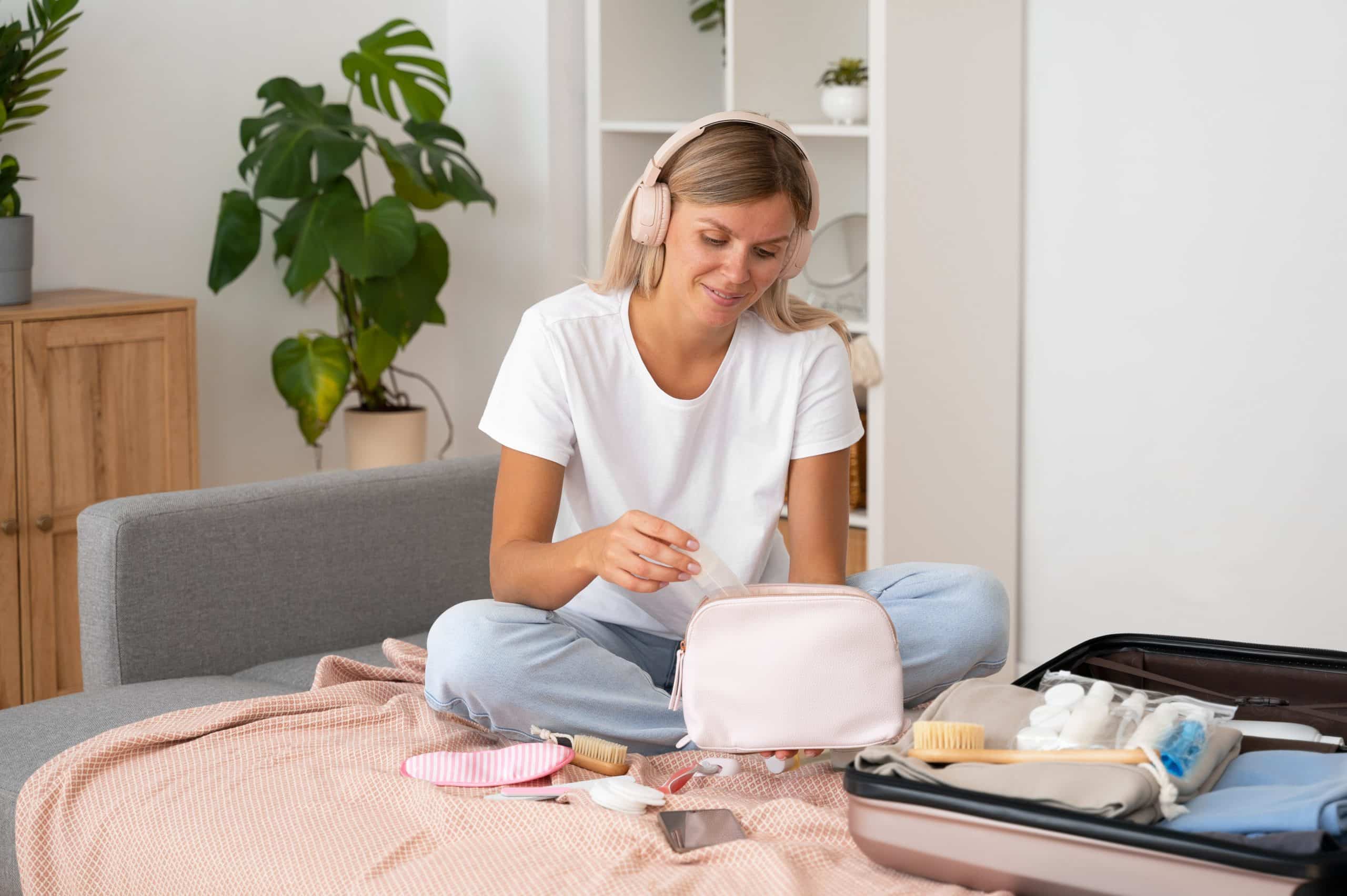 mãe arrumando a bolsa do bebê para viajar, mulher usando fones de ouvido organizando uma necessaire